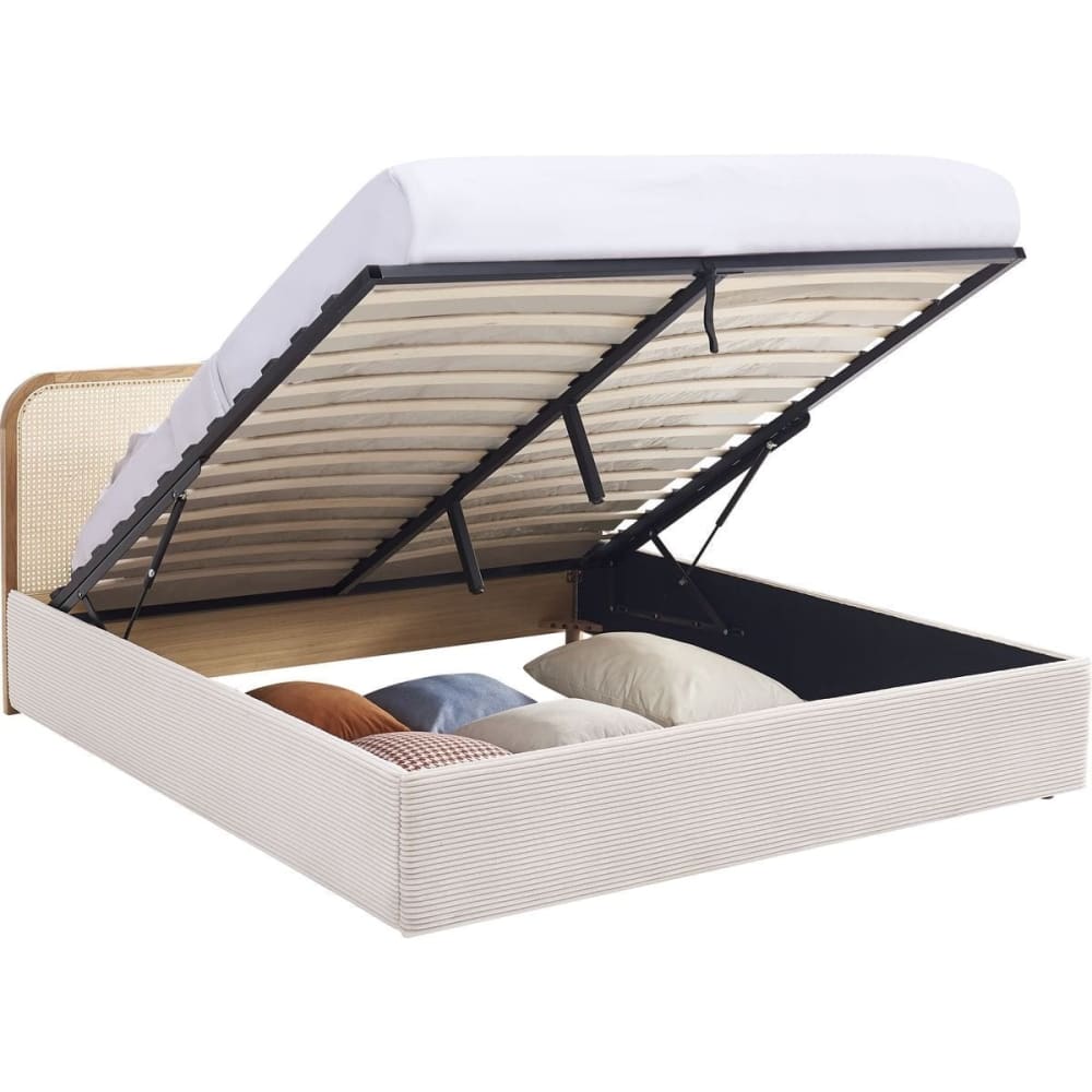 Lit coffre 160x200cm en velours côtelé beige - tête de lit en cannage