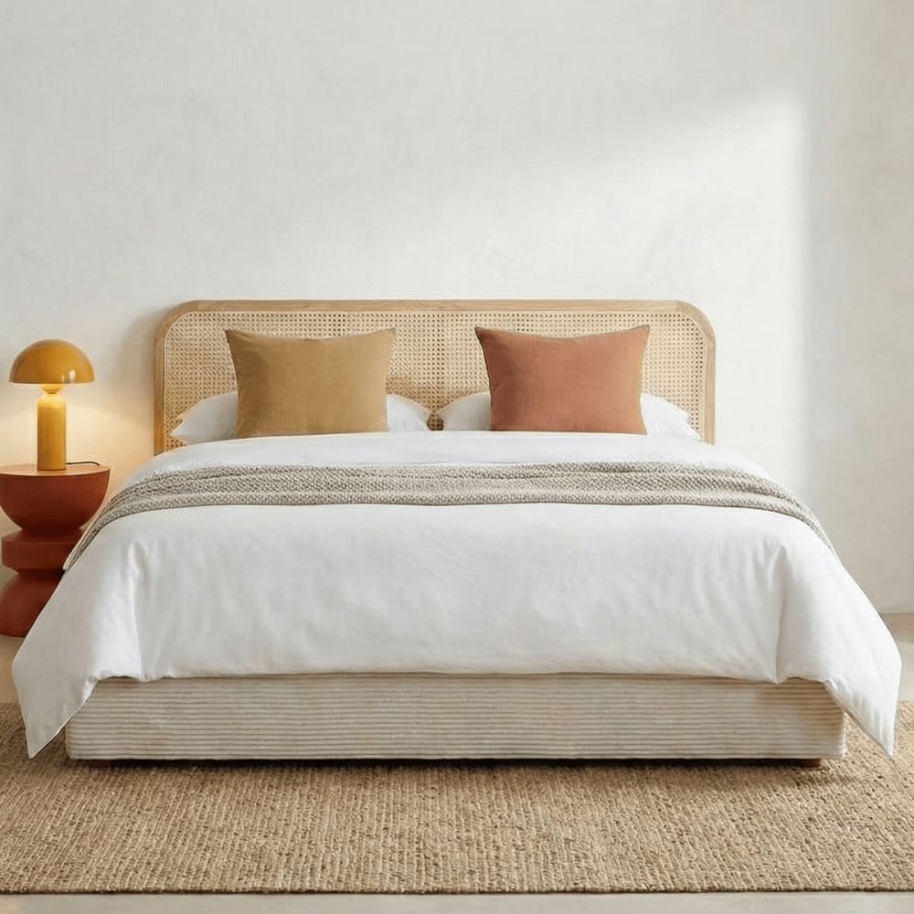 Lit coffre 160x200cm en velours côtelé beige - tête de lit en cannage