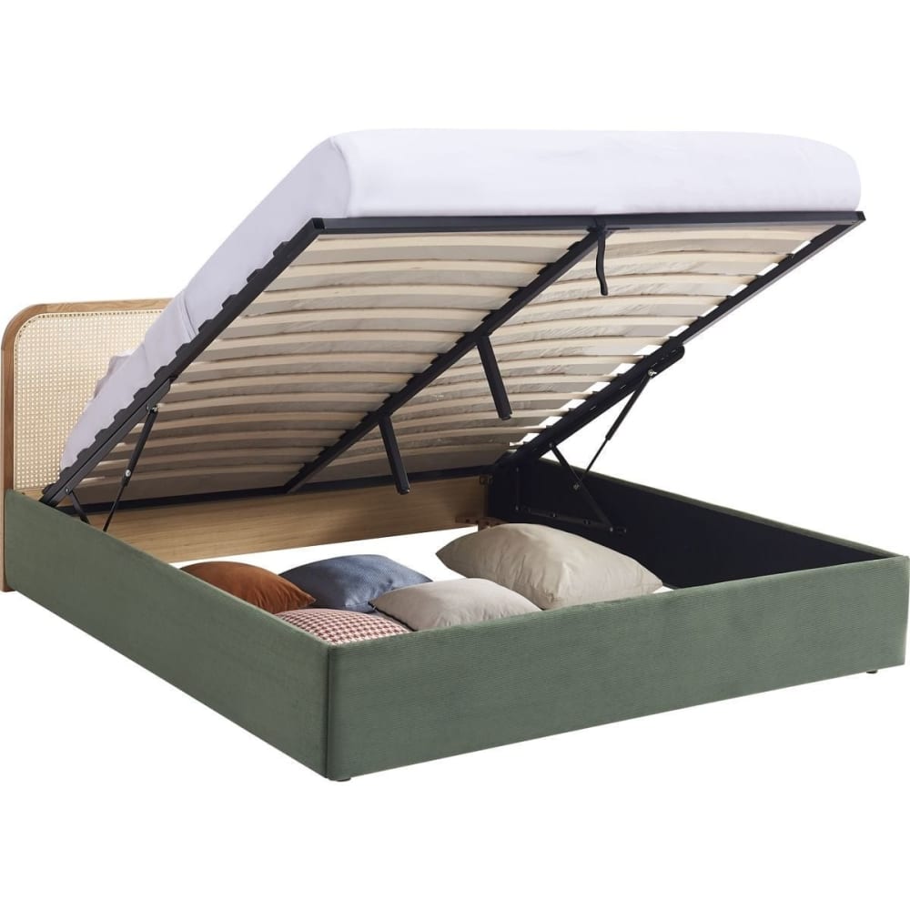 Lit coffre 160x200cm en velours côtelé vert - tête de lit en cannage