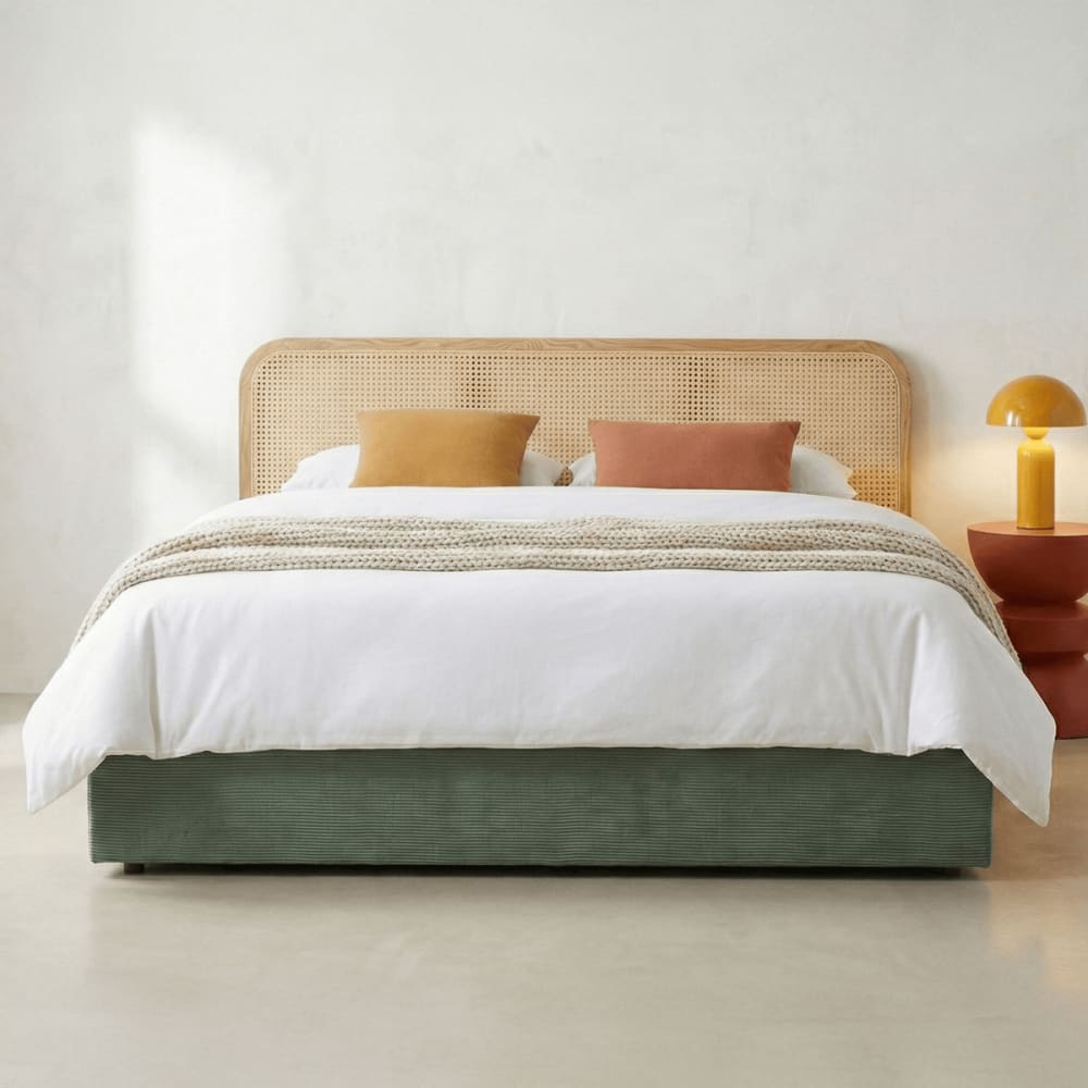 Lit coffre 160x200cm en velours côtelé vert - tête de lit en cannage