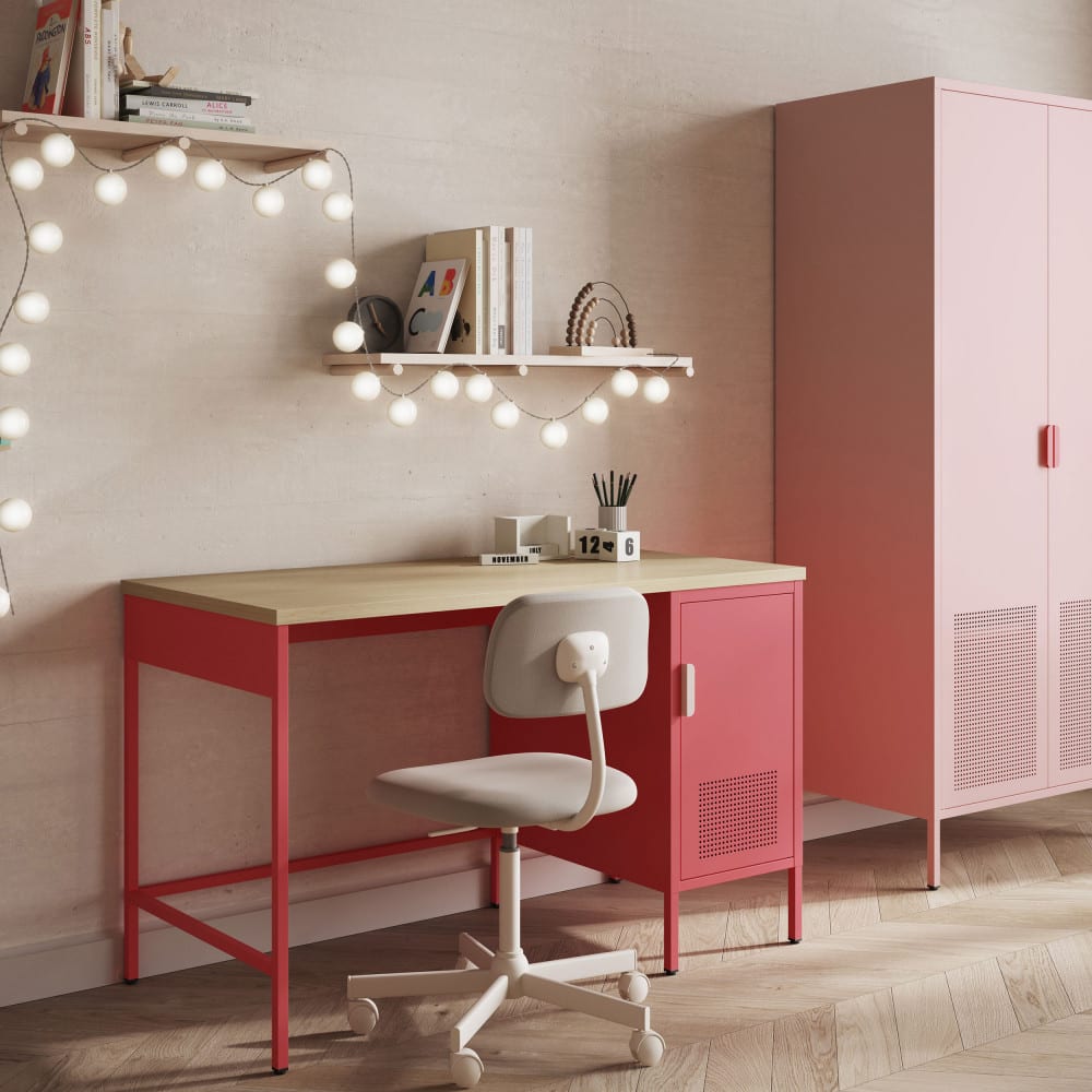 Bureau 1 porte en métal l120cm - rose
