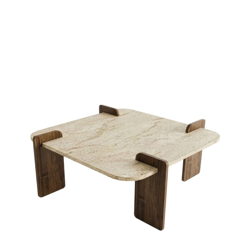 Table basse en bois et effet travertin 90x90cm - Beige