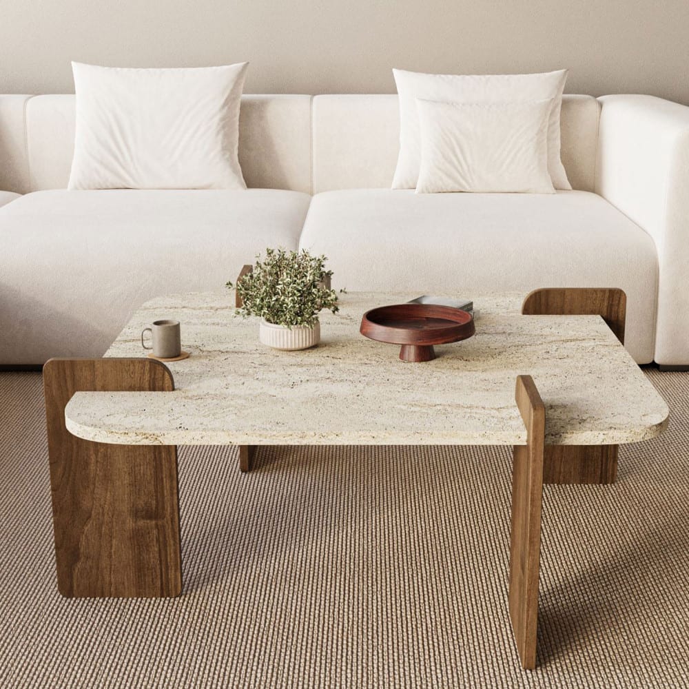 Table basse en bois et effet travertin 90x90cm - Beige