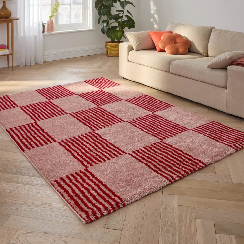 Tapis vintage style année 70 damier rayures rouge 240x340 — vue 3