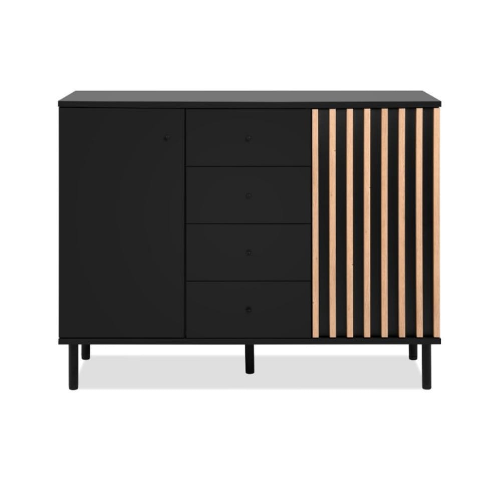 Buffet moderne côtelé avec 2 portes et 4 tiroirs, 118x40 cm, hauteur 9