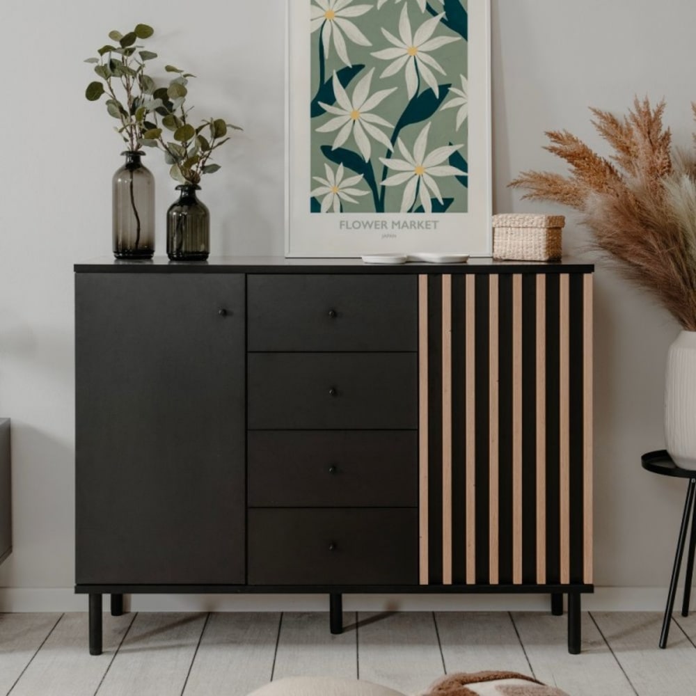 Buffet moderne côtelé avec 2 portes et 4 tiroirs, 118x40 cm, hauteur 9