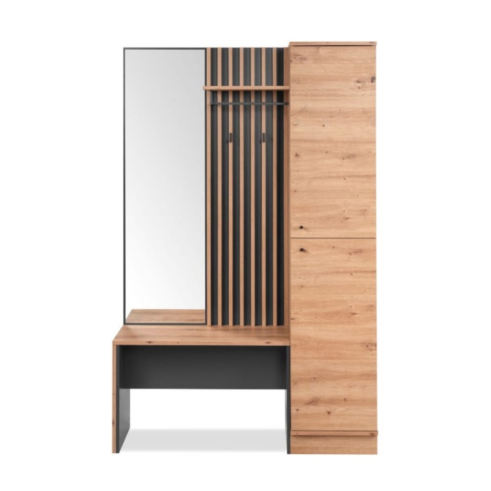 Porte-manteau cannelé avec banc et miroir dans le hall d'entrée