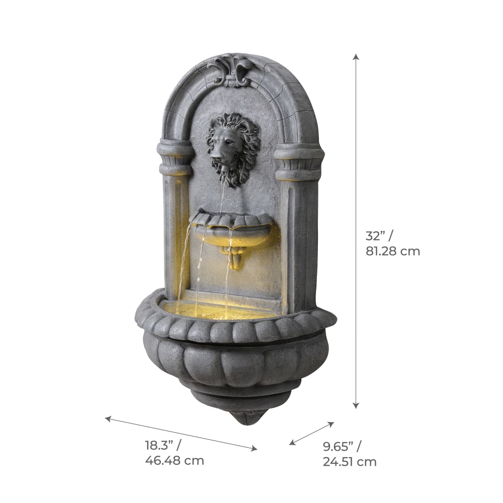 Fontaine murale extérieure tête de lion LED, 81cm, Gris