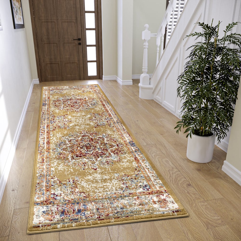 Tapis couloir style vintage moderne doré 80x240cm — vue 3