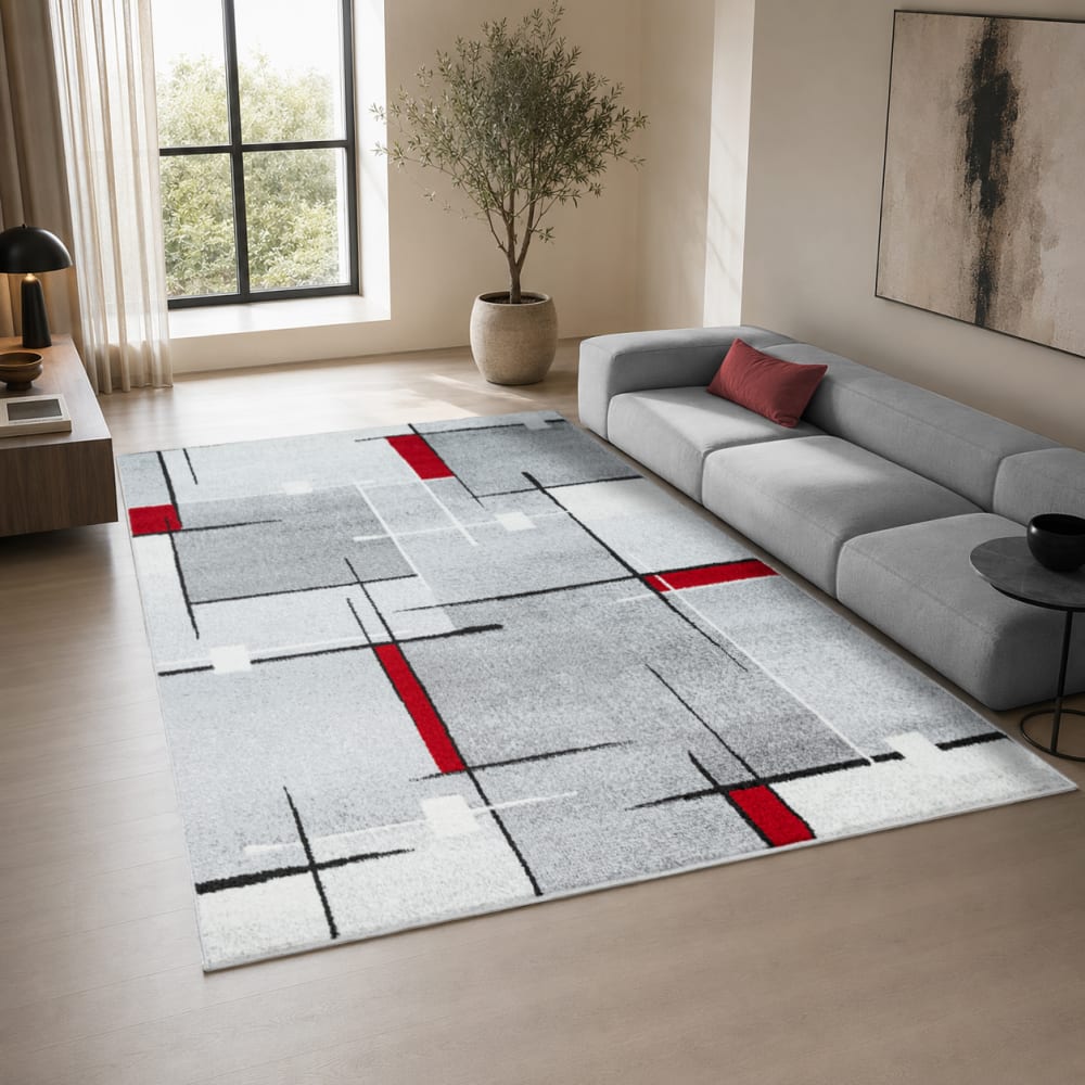 The carpet Teppich wohnzimmer modern kontur design, grau rot, 140 x 200 cm style modern Öko-Tex Zertifikat - Pp - Polypropylen