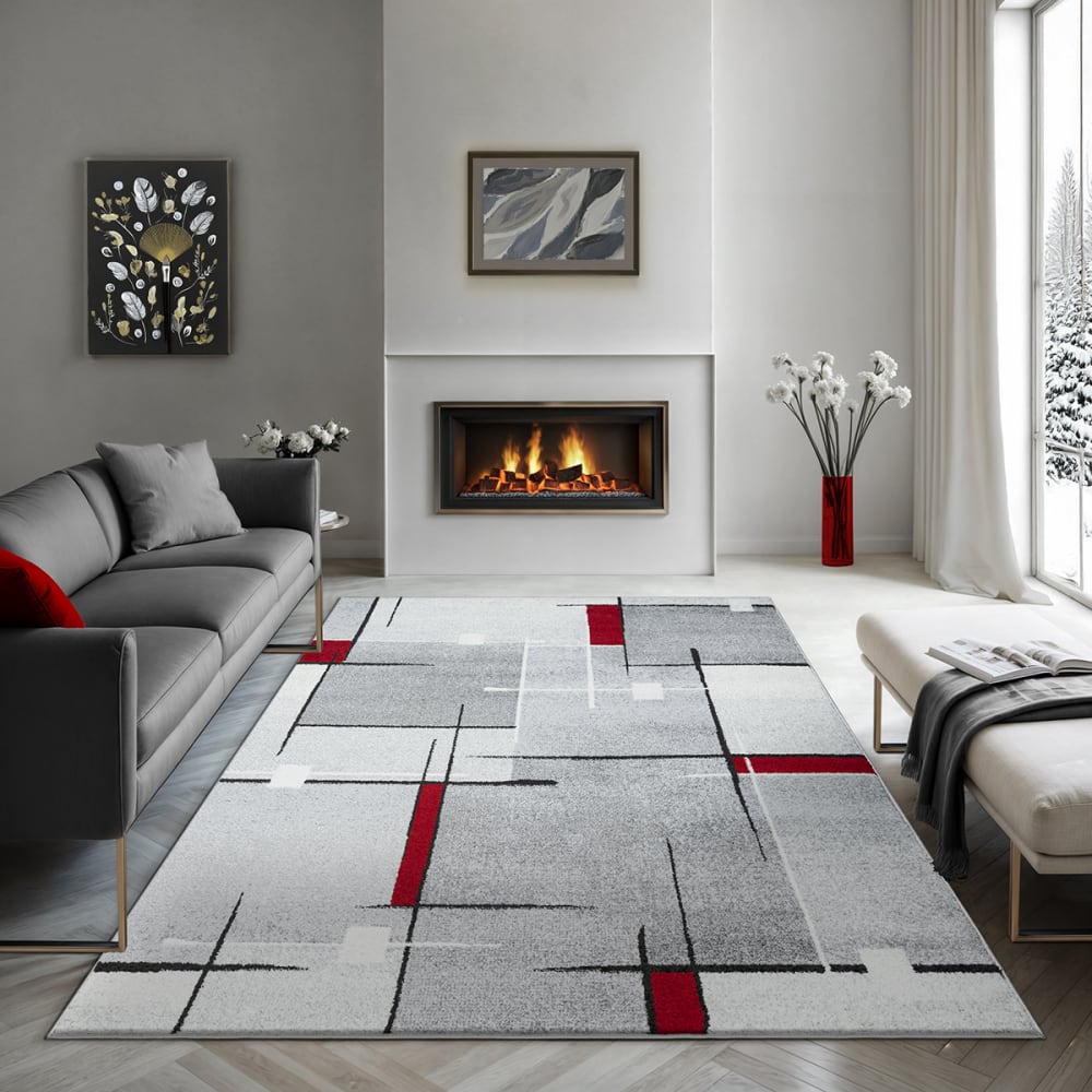 Tapis moderne salon découpe contour, gris rouge, 240 x 330 cm