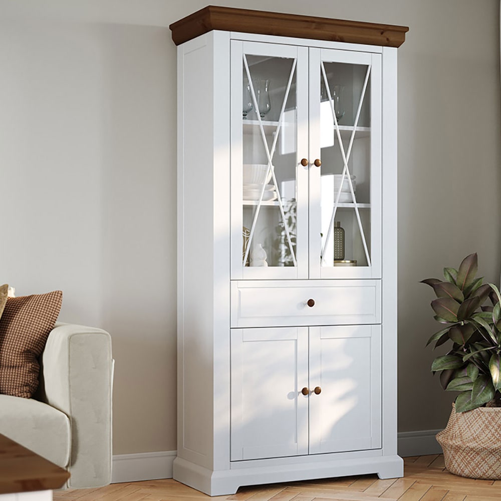 Standvitrine mit Glastüren aus Massivholz 95x41x200cm, weiß -