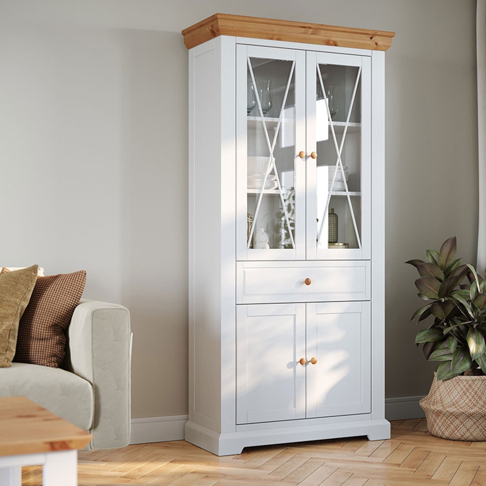 Standvitrine mit Glastüren aus Massivholz 95x41x200cm, weiß -
