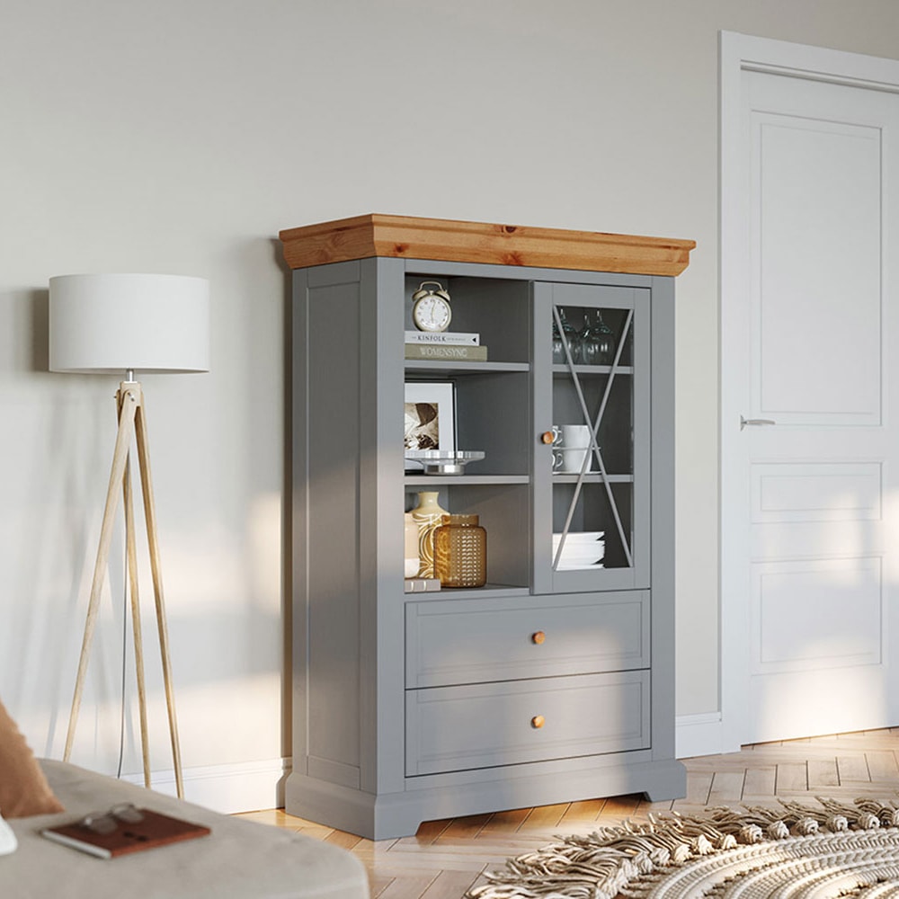 Standvitrine mit Glastür aus Massivholz 95x41x140cm, grau -