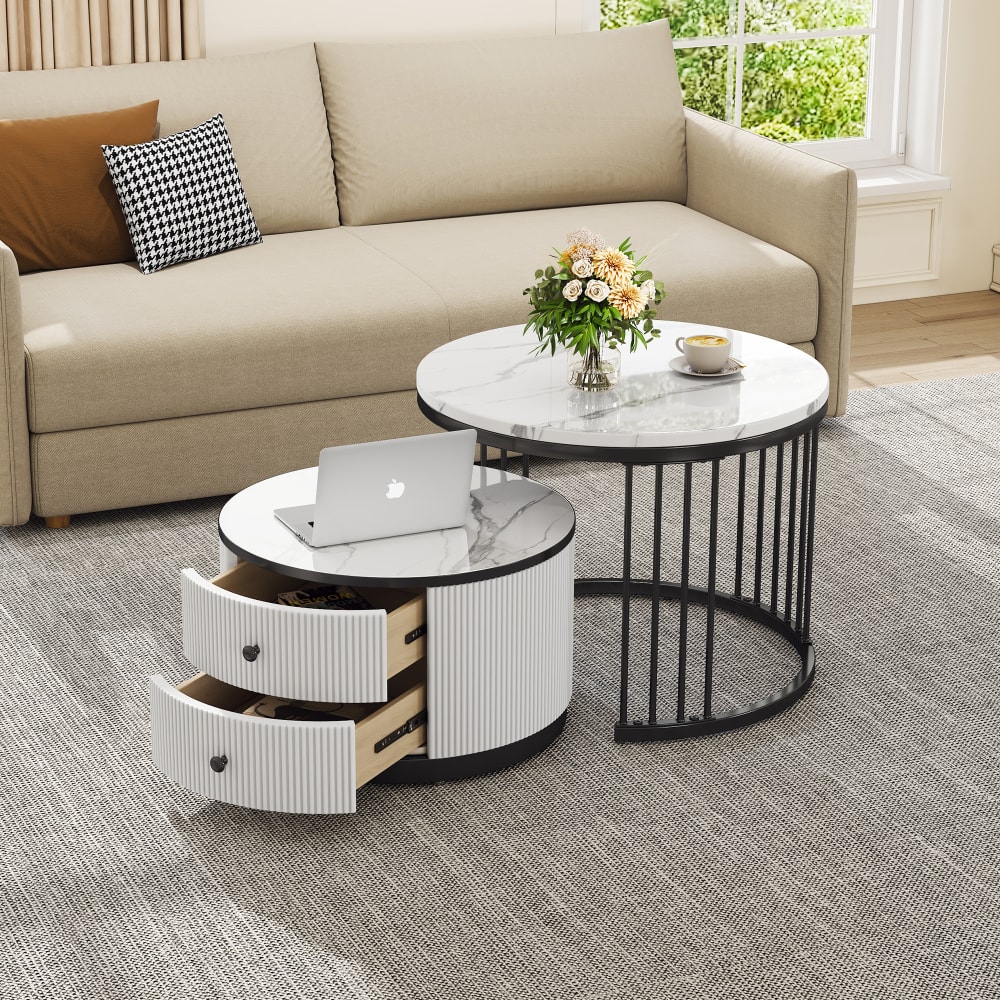 Couchtisch-Set mit 2 Schubladen 60x60x45,5 cm, weiß und schwarz -