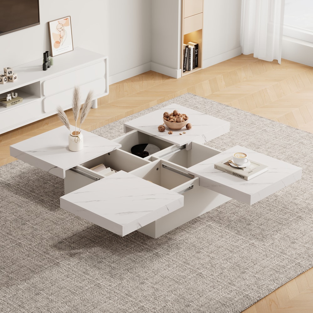 Couchtisch aus Spanplatte mit 4 Schubladen 90x90x25 cm, weiß -