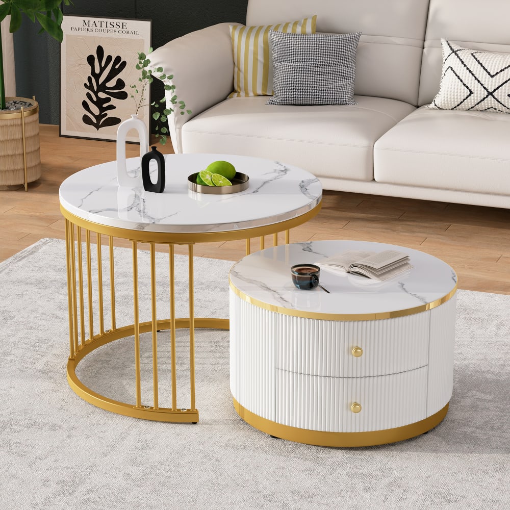 Couchtisch-Set aus MDF mit 2 Schubladen 60x60x45,5 cm, weiß -
