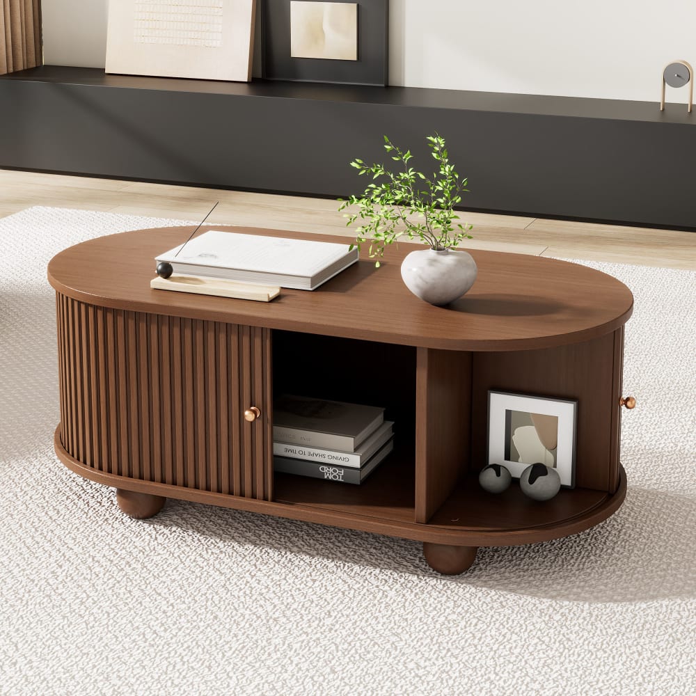 Couchtisch aus MDF mit 360 Grad Schiebetür 100x50x40 cm, braun -