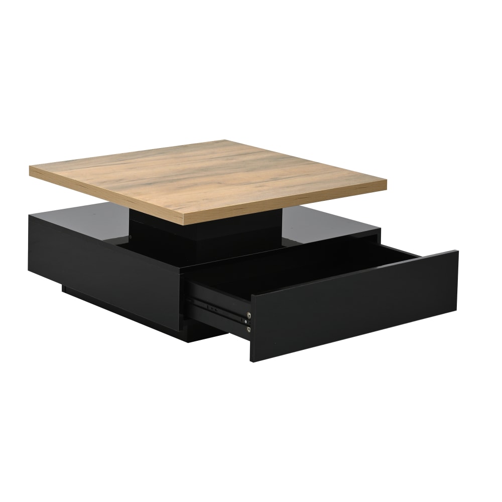 Table basse pivotante 360°  noire et noyer avec tiroir 70x70x36 cm