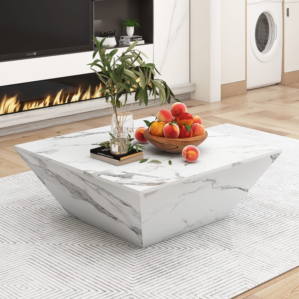 OKWISH Couchtisch trapezförmig weiß mit 2 Schubladen 70x70x37 cm style modern - Spanplatte