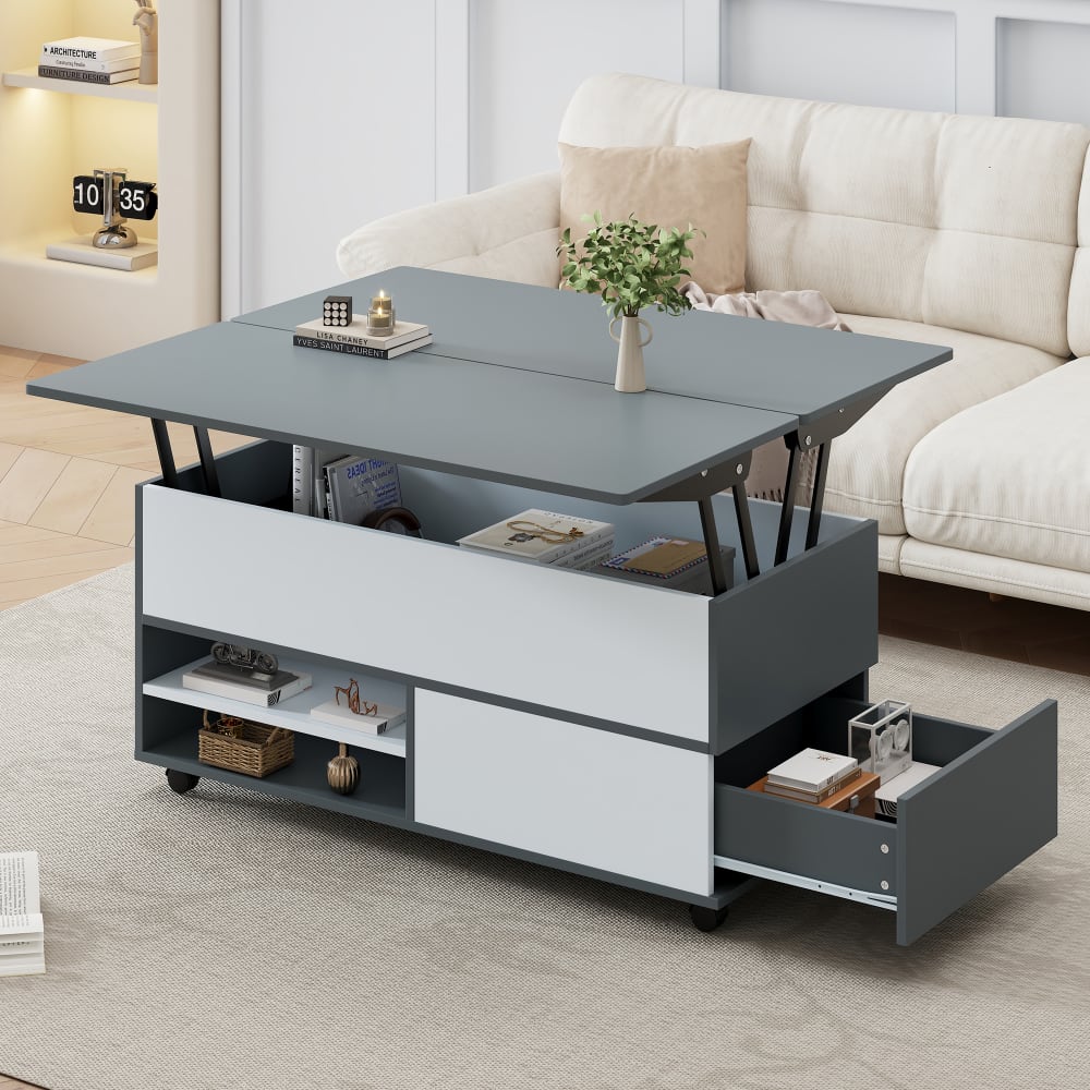 OKWISH Couchtisch höhenverstellbar mit Stauraum 100x98x65 cm, grau und weiß - Spanplatte