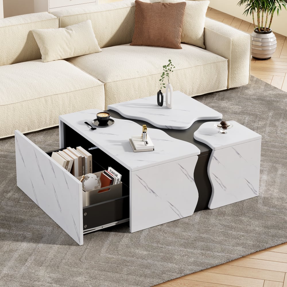 Couchtisch aus Spanplatte mit Schublade 70x70x31 cm, weiß -