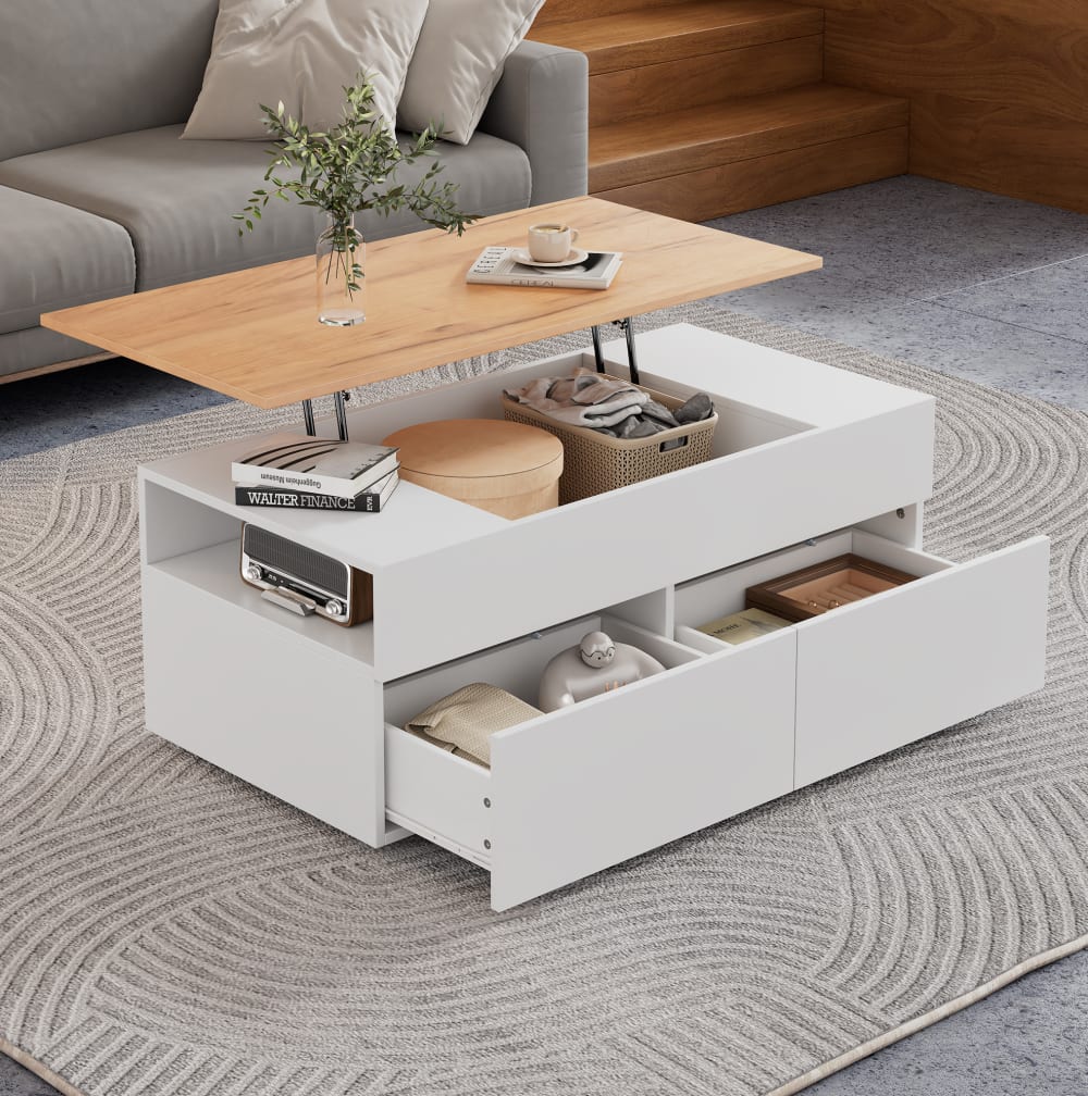 OKWISH Couchtisch höhenverstellbar mit 2 Schubladen 100x50x40 cm, weiß style modern - Spanplatte