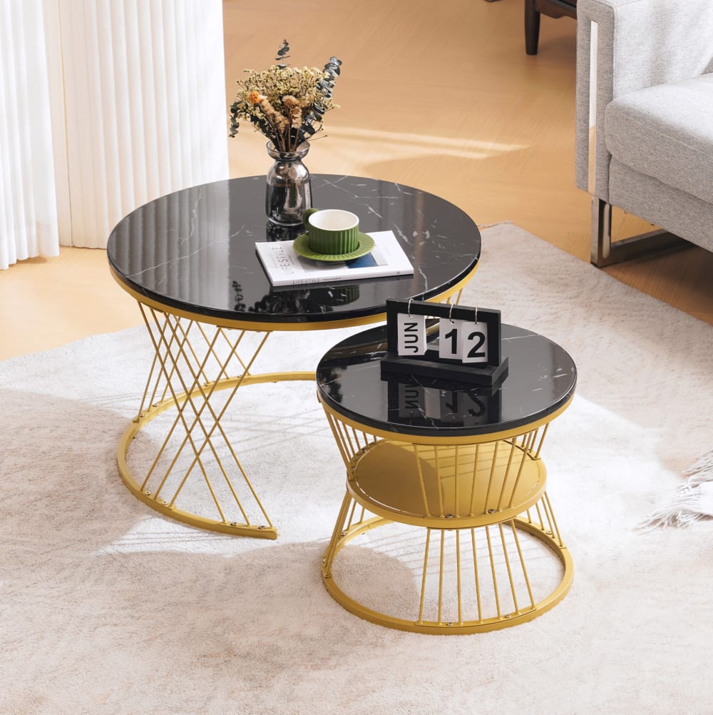 OKWISH Couchtisch-Set rund mit Nesting-Funktion 70x70x45 cm, schwarz style modern - Spanplatte