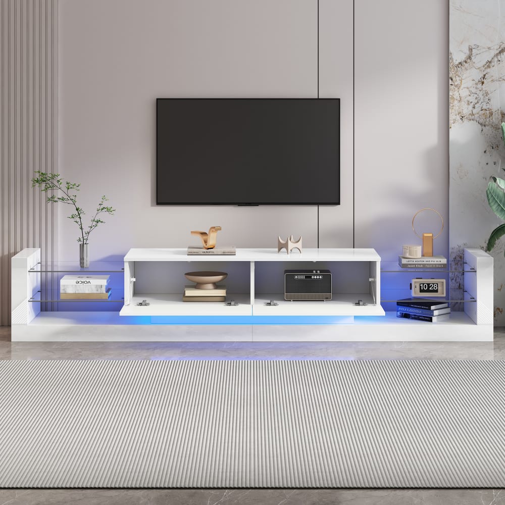 Meuble tv laqué brillant led étagères verre, 181 cm, blanc