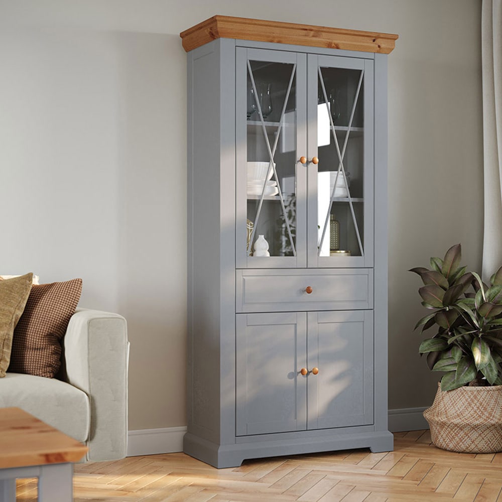 Standvitrine mit Glastüren aus Massivholz 95x41x200cm, grau -