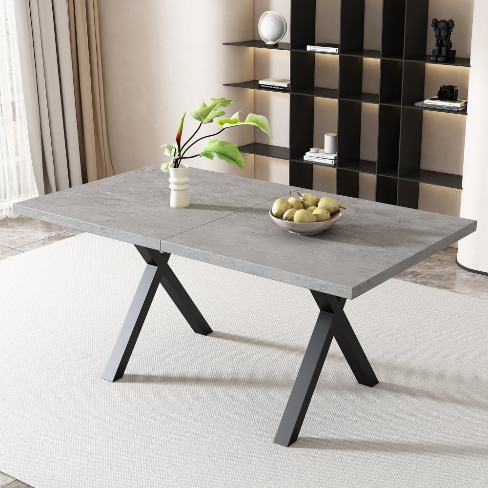 Table de salle à manger à pieds croisés, effet métal et béton, 140 cm