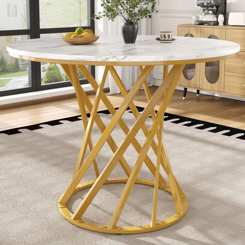 Runder Esstisch mit Metallbeinen Faserplatte 80x80cm, Gold+Weiß -