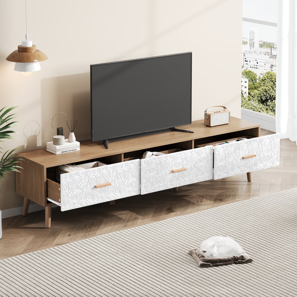 TV-Schrank mit Retro-Türen und 3 Schubladen, 150 cm, Weiß/Helles