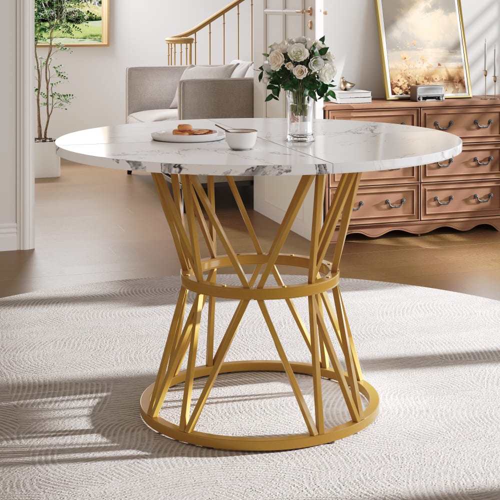 Runder Esstisch mit Marmoroptik, Metallgestell 100 cm, Gold -