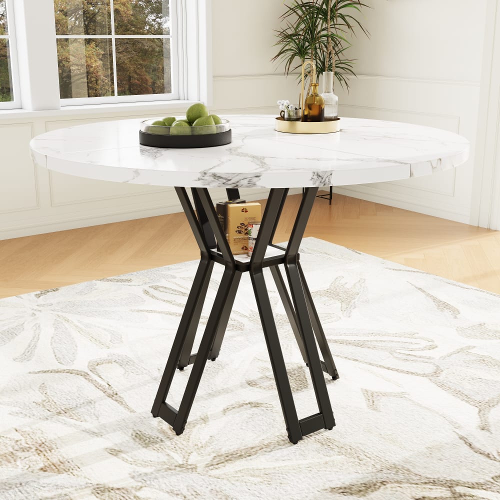 MODFU Runder Esstisch mit Marmormuster und Metallbeinen 100cm, schwarz style modern - Metall