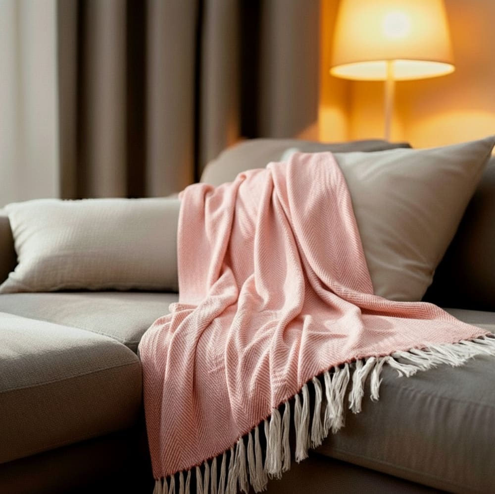 Couverture plaid coton rose saumon franges 180x220 cm