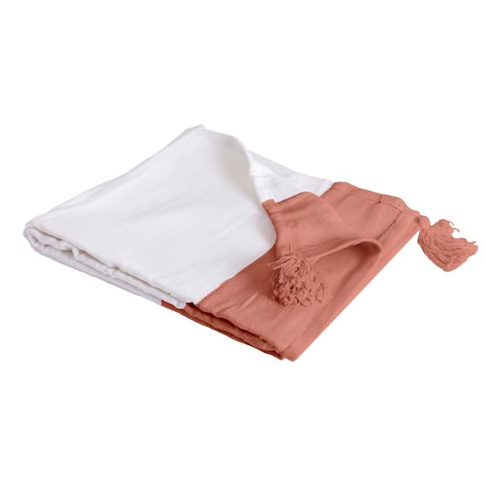 Couverture plaid coton rose saumon et blanc, 130x170 cm avec franges