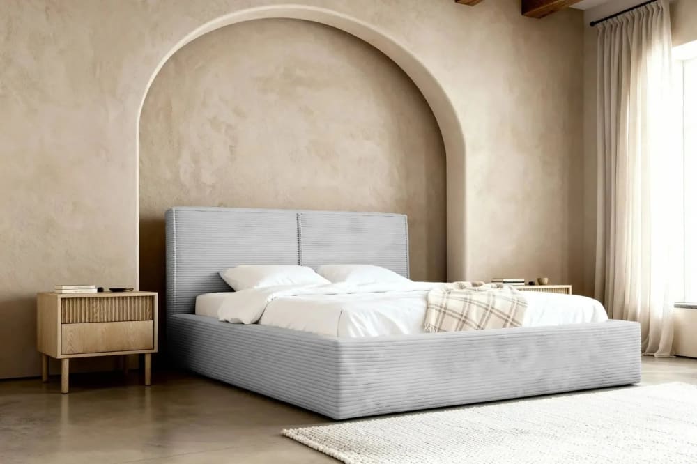 Lit coffre velours côtelé 180x200cm gris clair