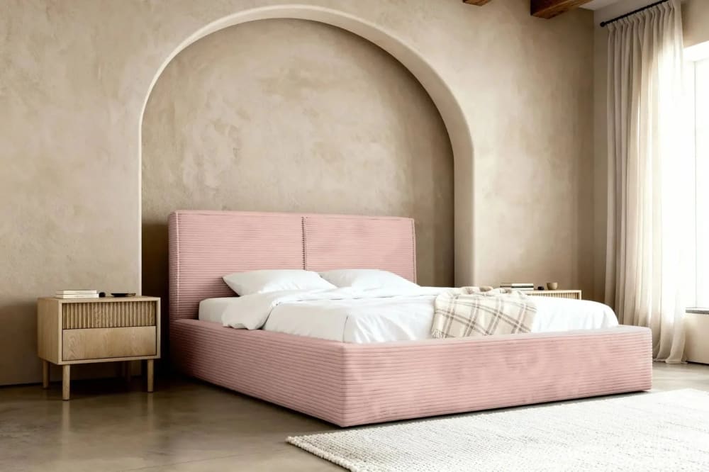 Lit coffre velours côtelé 180x200cm rose