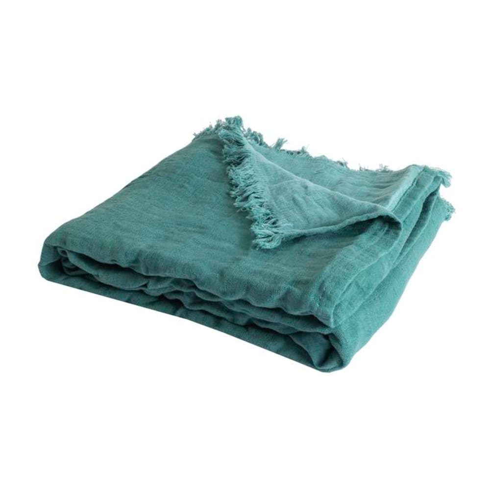 Couverture plaid coton bleu turquoise avec franges 130x170 cm
