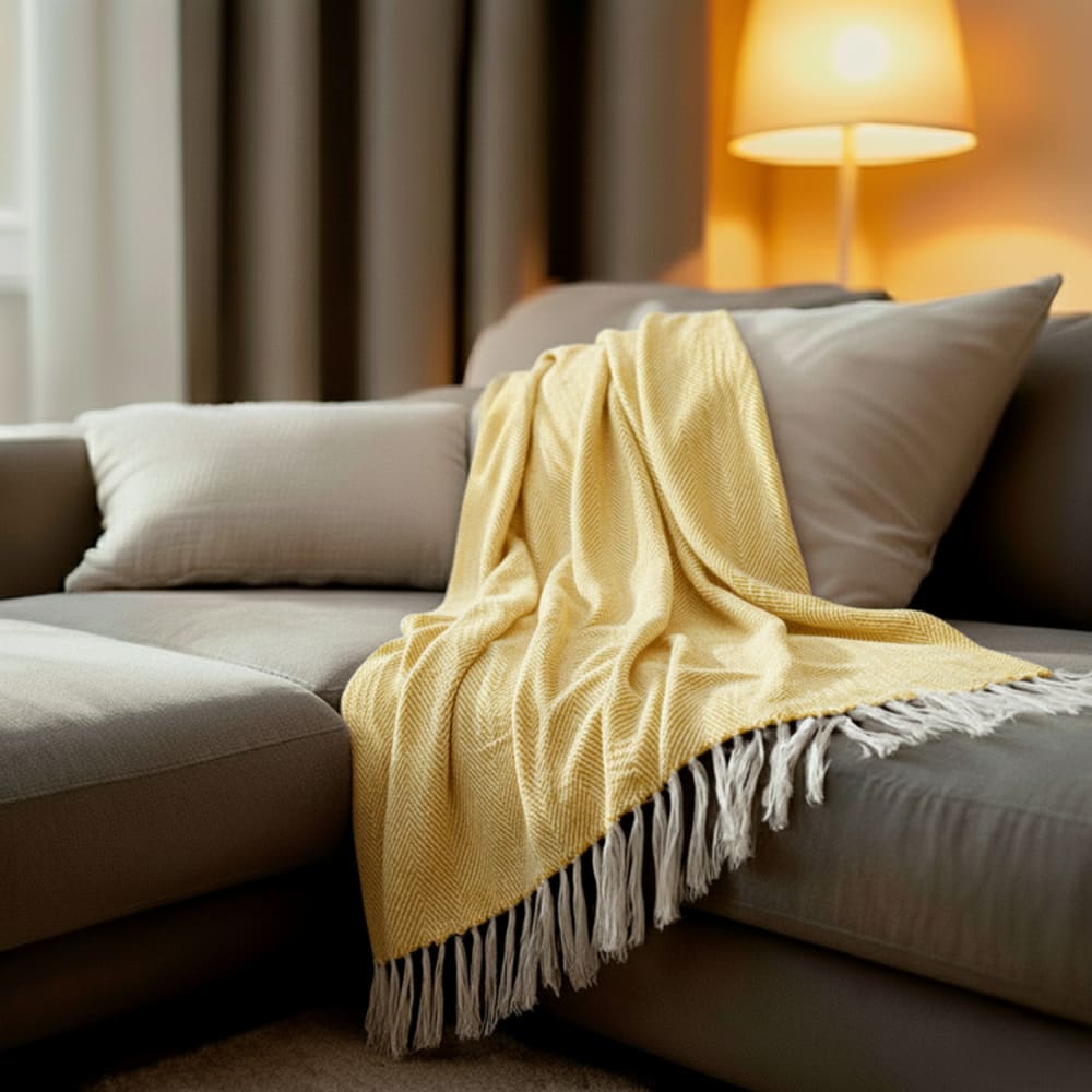 Couverture plaid coton jaune franges 180x220 cm
