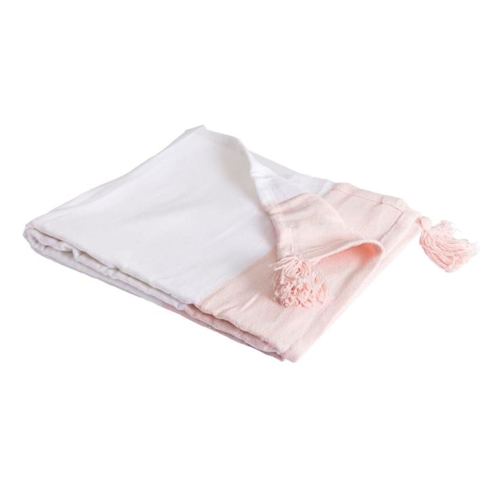Couverture plaid coton rayée rose pâle et blanc avec franges