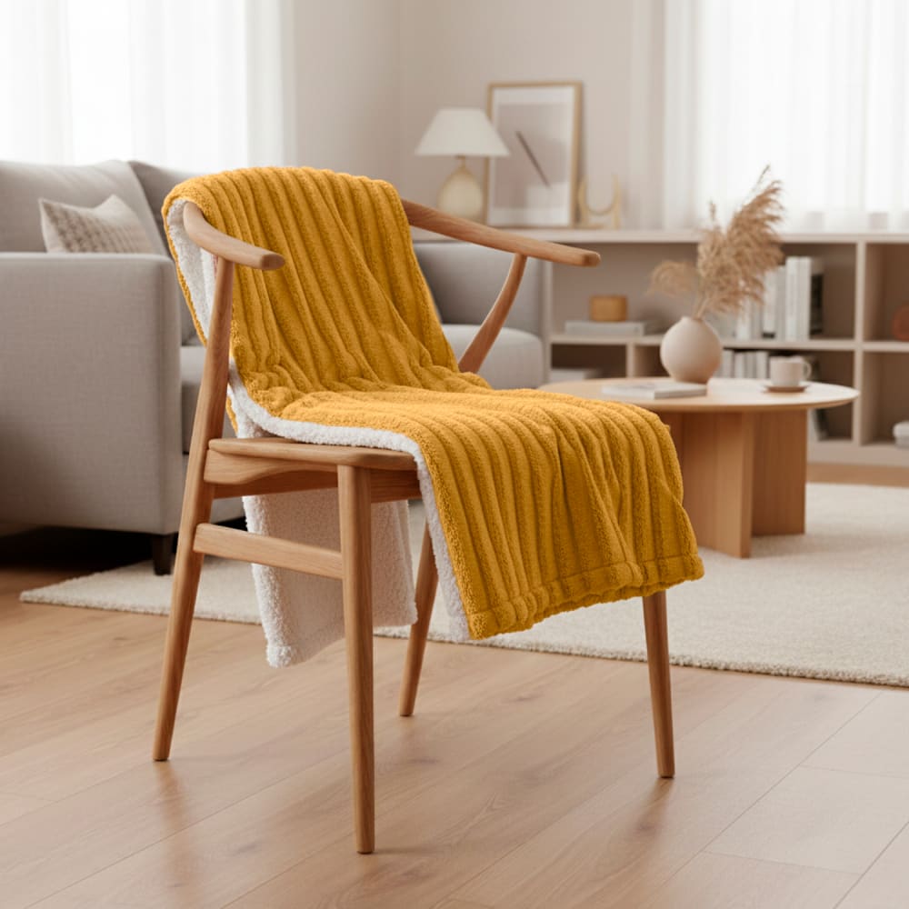 Couverture plaid double face jaune et blanche en relief 180x220 cm
