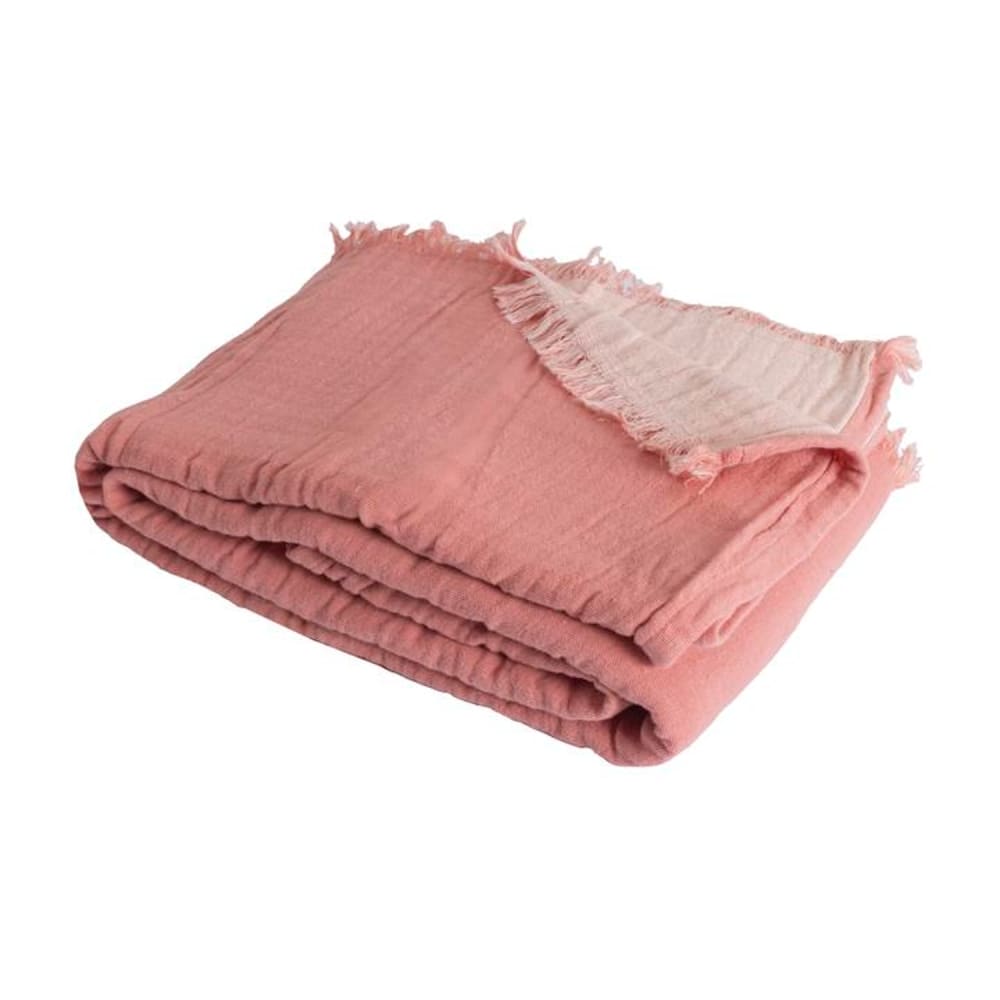 Couverture plaid coton franges rose saumon 180x220 cm