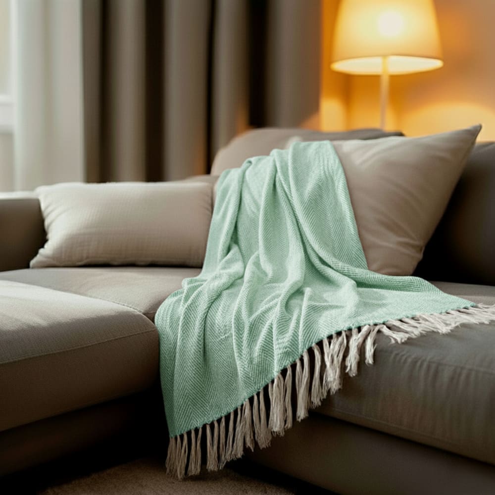 Baumwoll-Deckenplaid türkisblau mit Fransen 180x220 cm - Maisons
