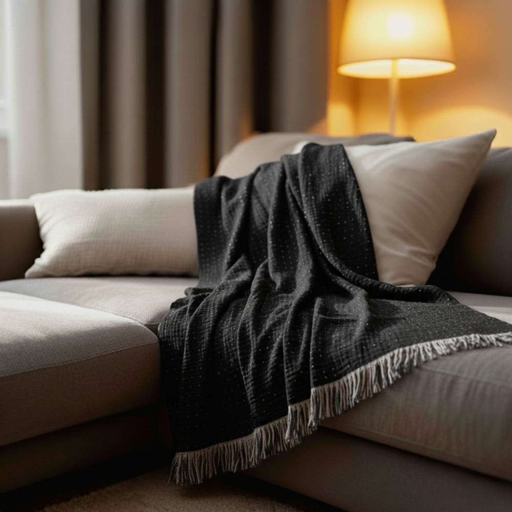 Baumwoll-Deckenplaid schwarz Fransen 130x170 cm - Maisons Du