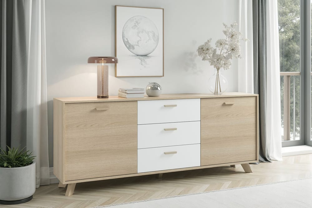 Sideboard, weiß, Eichefarbig Bianco, B 180, H 72,5, T 36,5 cm -