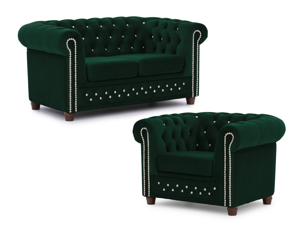 Ensemble de canapé Chesterfield 2+1 en velours bouteille verte