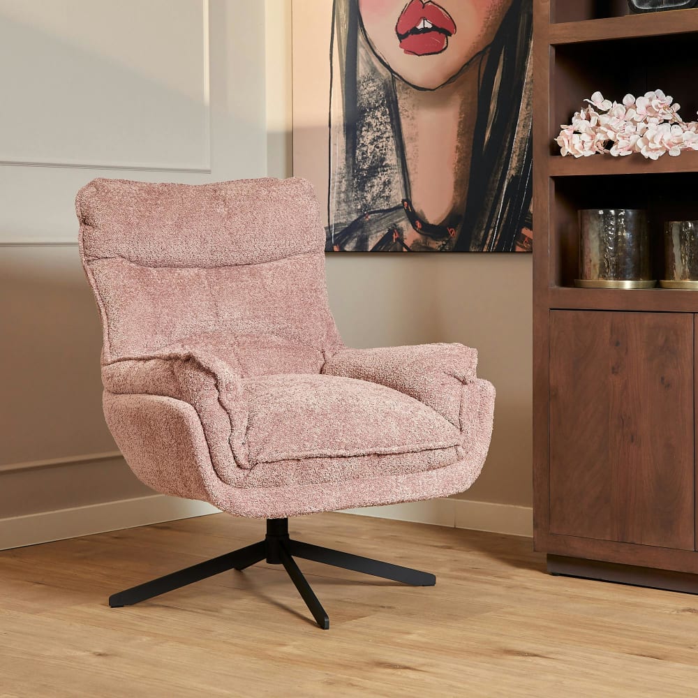 Fauteuil pivotant en tissu bouclette rose