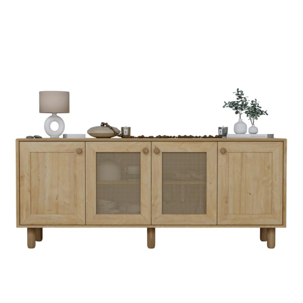 Buffet 4 portes décor bois et cannage L180 cm